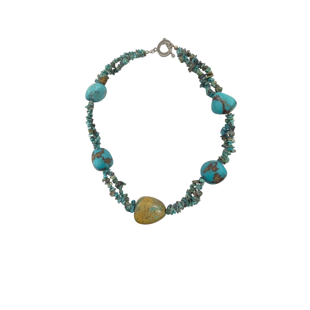 Faux Turquoise Necklace Large Stone Nugget Silver Tone Blue Tan Jewelry Western
